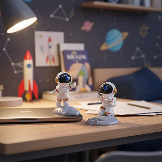 Two astronaut figurines on a desk with space-themed decor in the background.