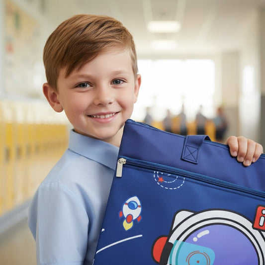 Young boy holding a blue document bag with space-themed design in a school hallway