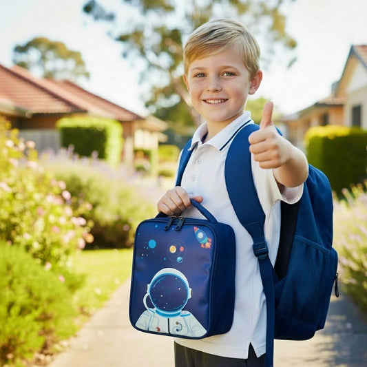 Young boy with a blue backpack and lunch bag outdoors