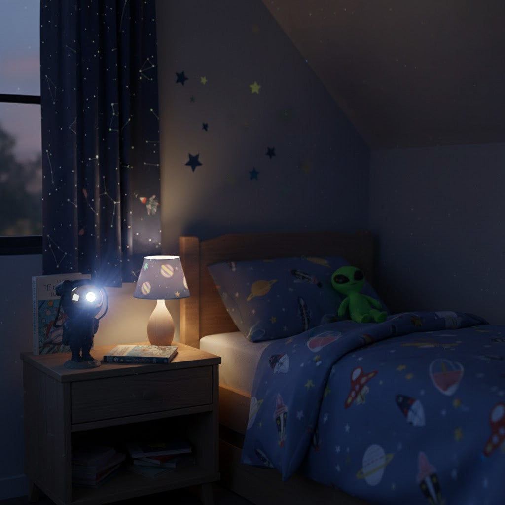 Children's bedroom with space-themed bedding and decor, including a nightstand with a lamp, galaxy projector and alien figurine.