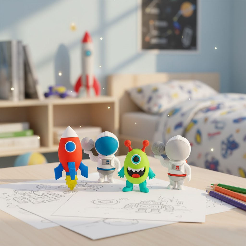 Colorful detachable erasers on a table with a children's bedroom in the background