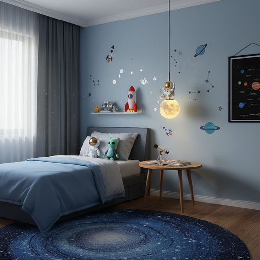 Children's bedroom with space-themed decor, including a rocket on a shelf and planet wall stickers.