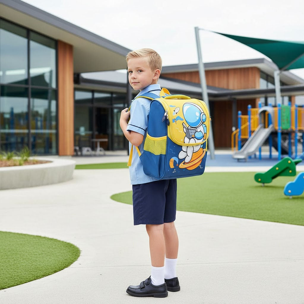 Backpack with astronaut design in a classroom setting