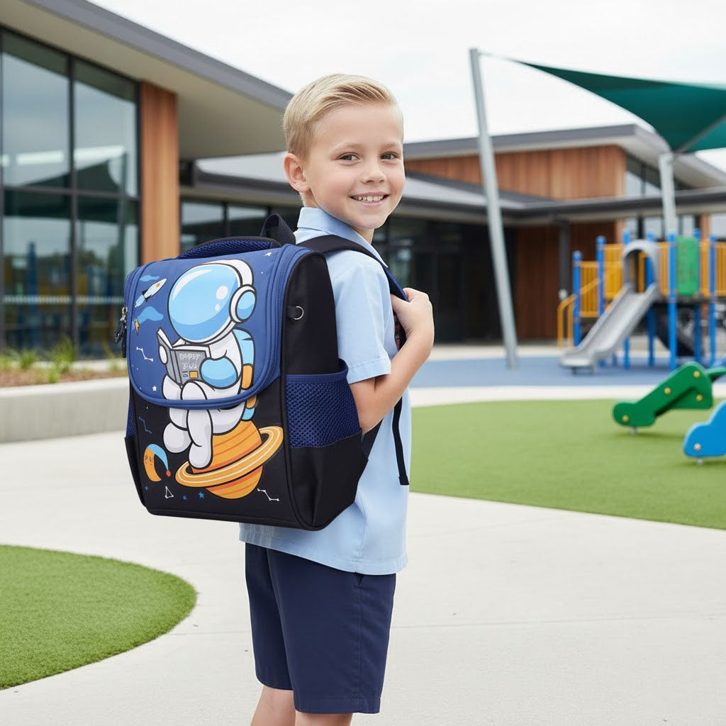 Backpack with astronaut design in a classroom setting