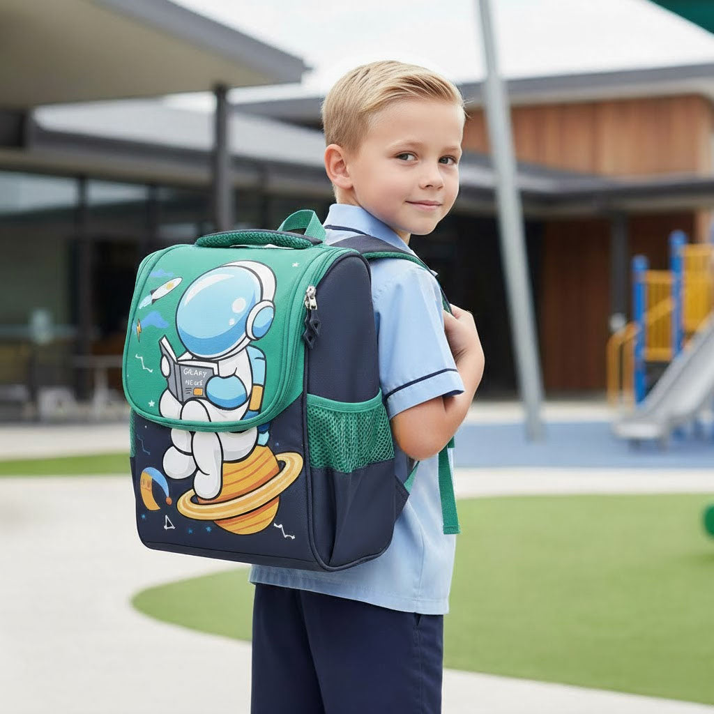 Green backpack with astronaut design in a classroom setting