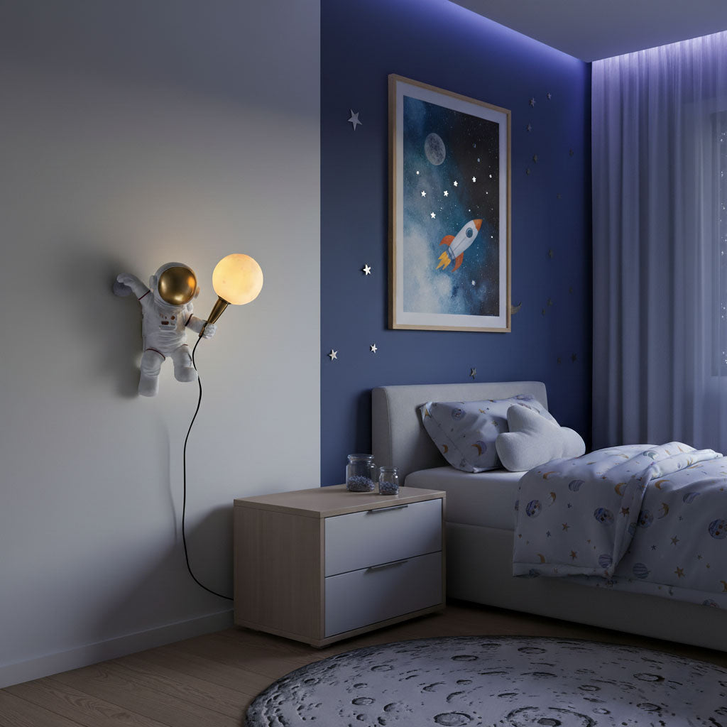 Children's bedroom with space-themed decor, including an astronaut lamp and a rocket ship painting.