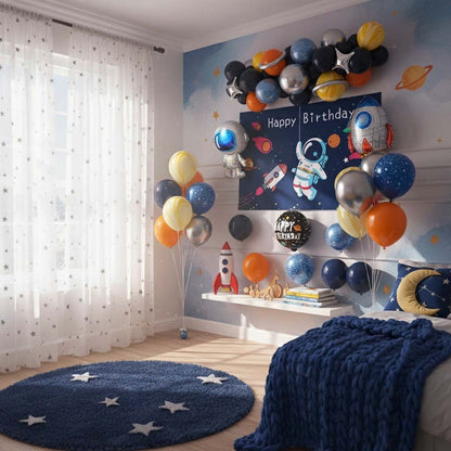 Space-themed birthday banner with astronaut design, surrounded by colorful balloons on a white background.