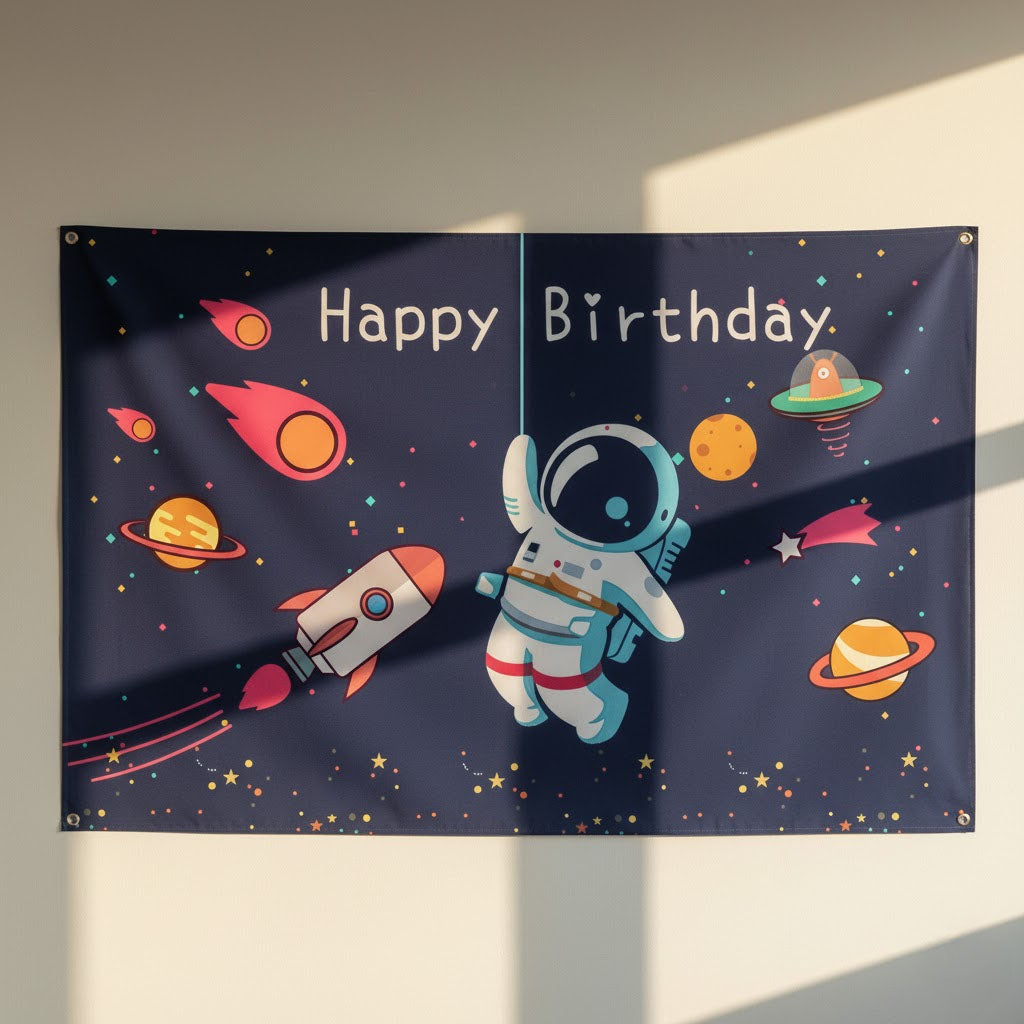 Happy Birthday backdrop with an astronaut, planets, and a rocket in space-themed design.