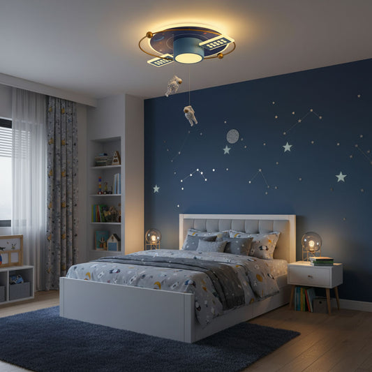 Children's bedroom with star-themed wall and ceiling light fixture