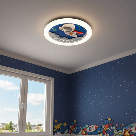 Ceiling light fixture with space-themed design on a child's room ceiling.