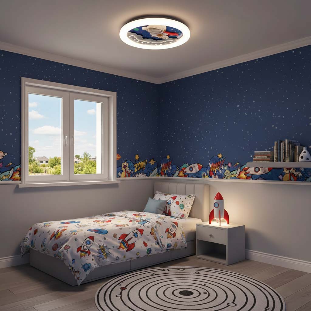 Children's bedroom with space-themed decor, including a ceiling light and wall mural.