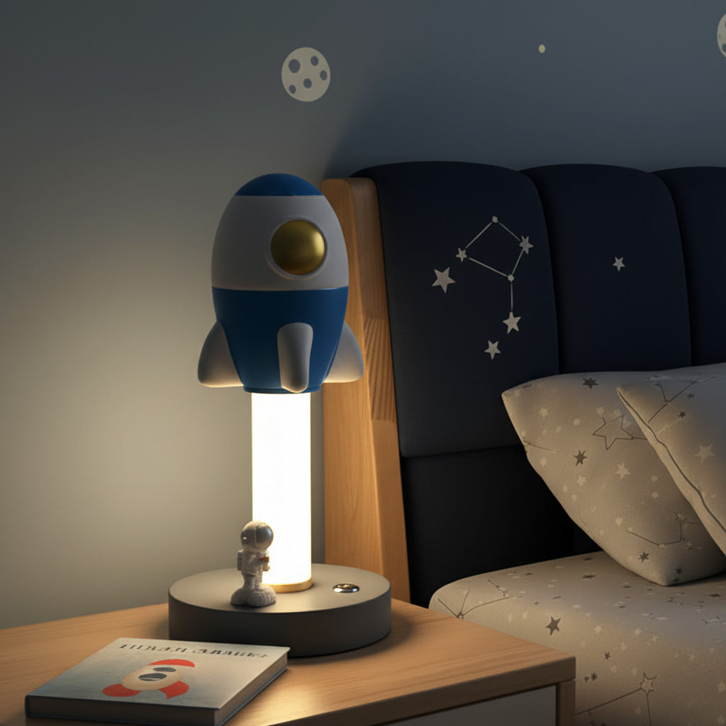 Rocket-shaped lamp on a nightstand with a starry-themed bed in the background