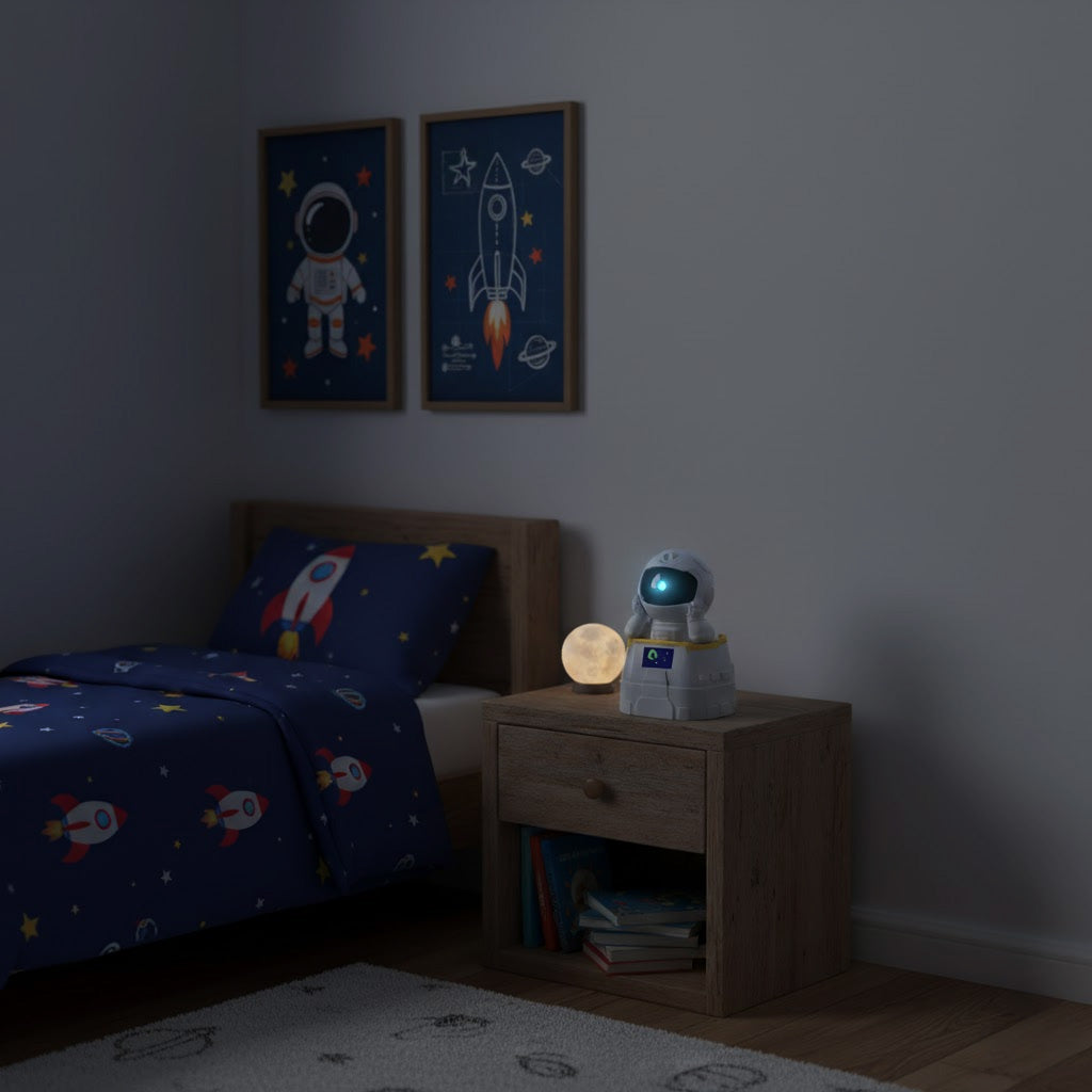 Children's bedroom with space-themed bedding and decor, including a nightstand with a moon lamp.