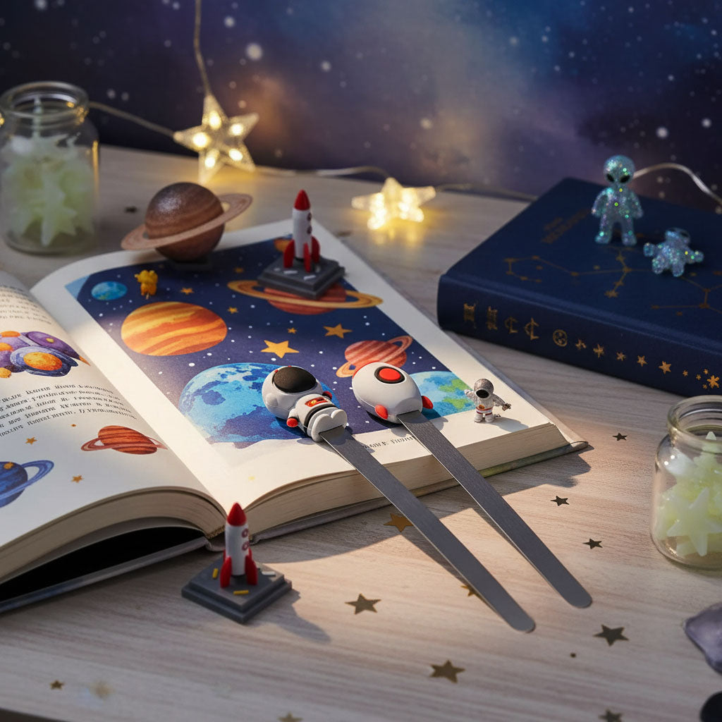 Space-themed stationery set on an open book with planets and rockets.