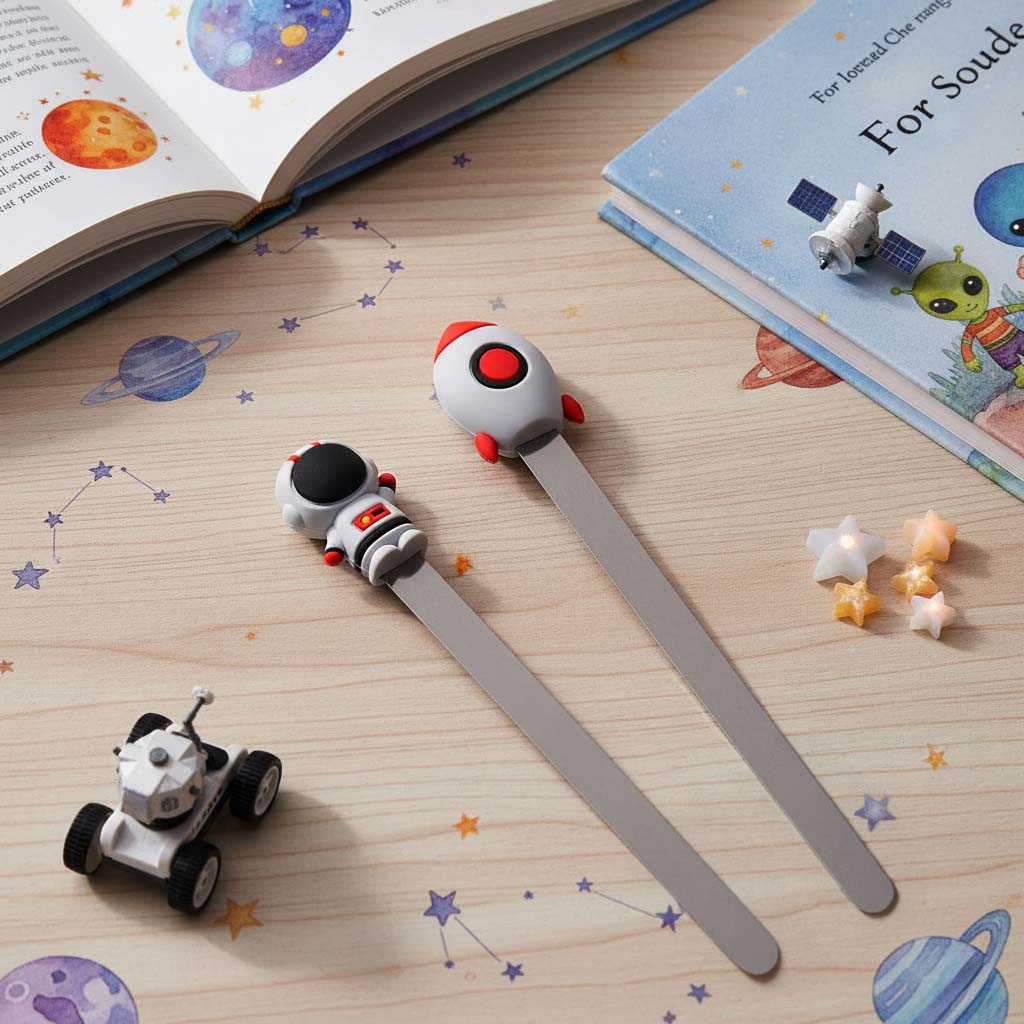 Space-themed bookmarks on a wooden surface with books and small robot toys.