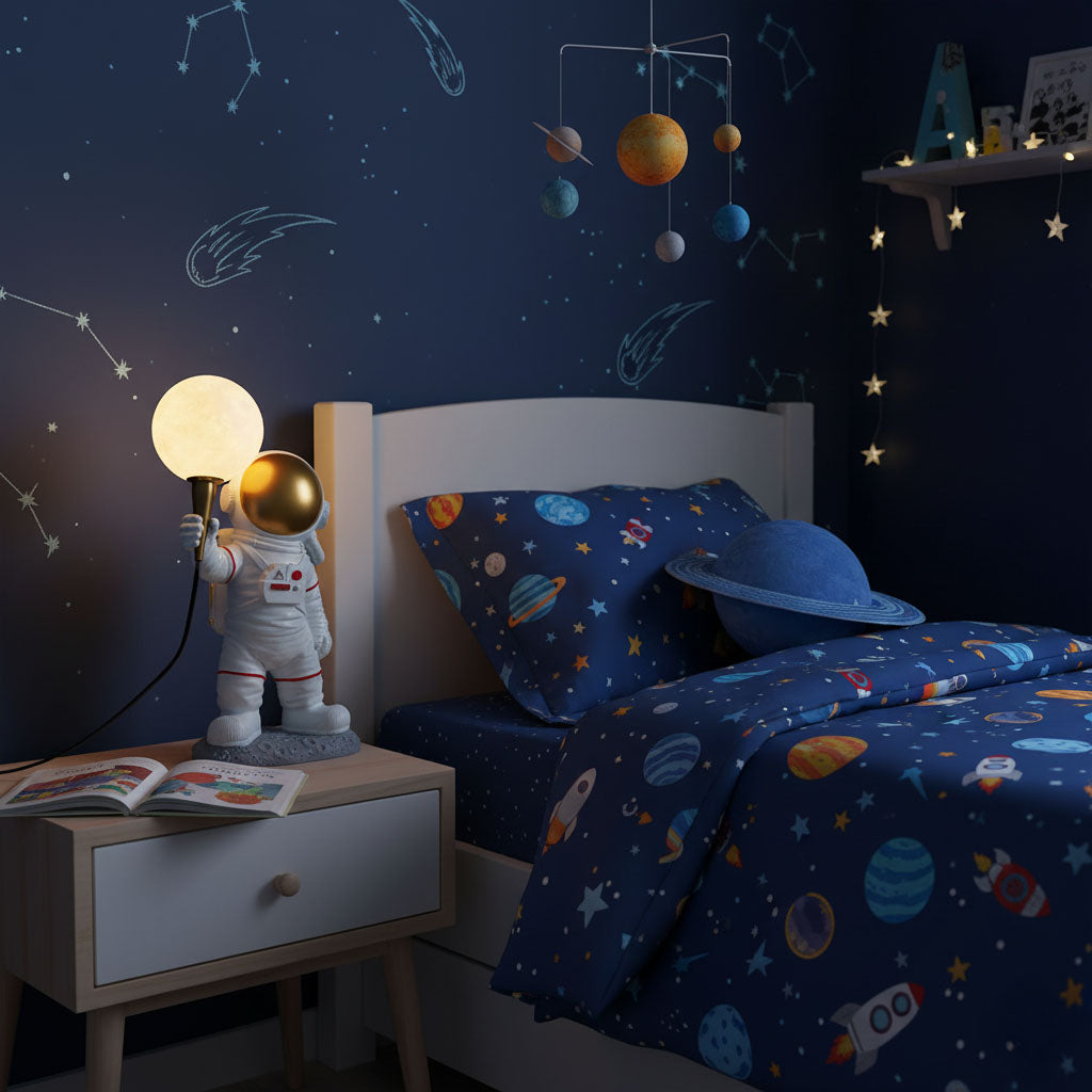 Children's bedroom with space-themed bedding and decor, including an astronaut lamp.