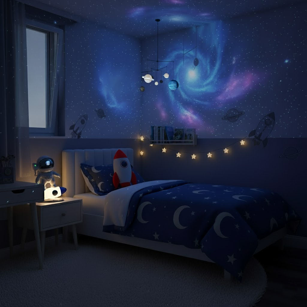 Children's bedroom with space-themed decor, including a starry night sky projection on the wall.