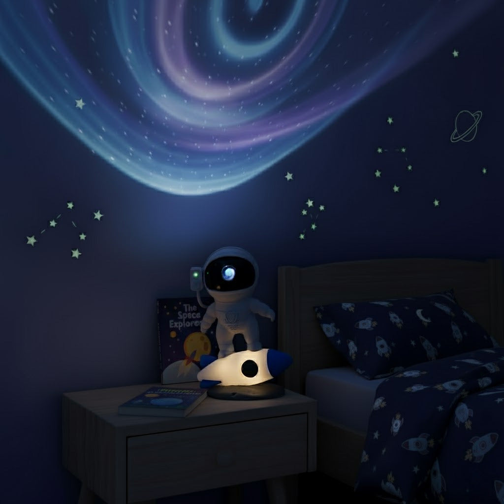 Children's bedroom with space-themed decor, including a night light and wall decals.
