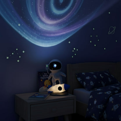Children's bedroom with space-themed decor, including a night light and wall decals.