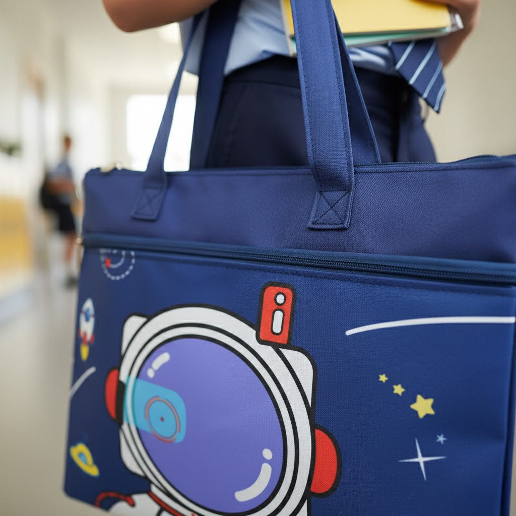 Blue document bag with astronaut design held by a person in a school setting