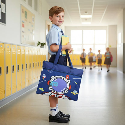 Young boy holding a blue document bag with space-themed design in a school hallway.