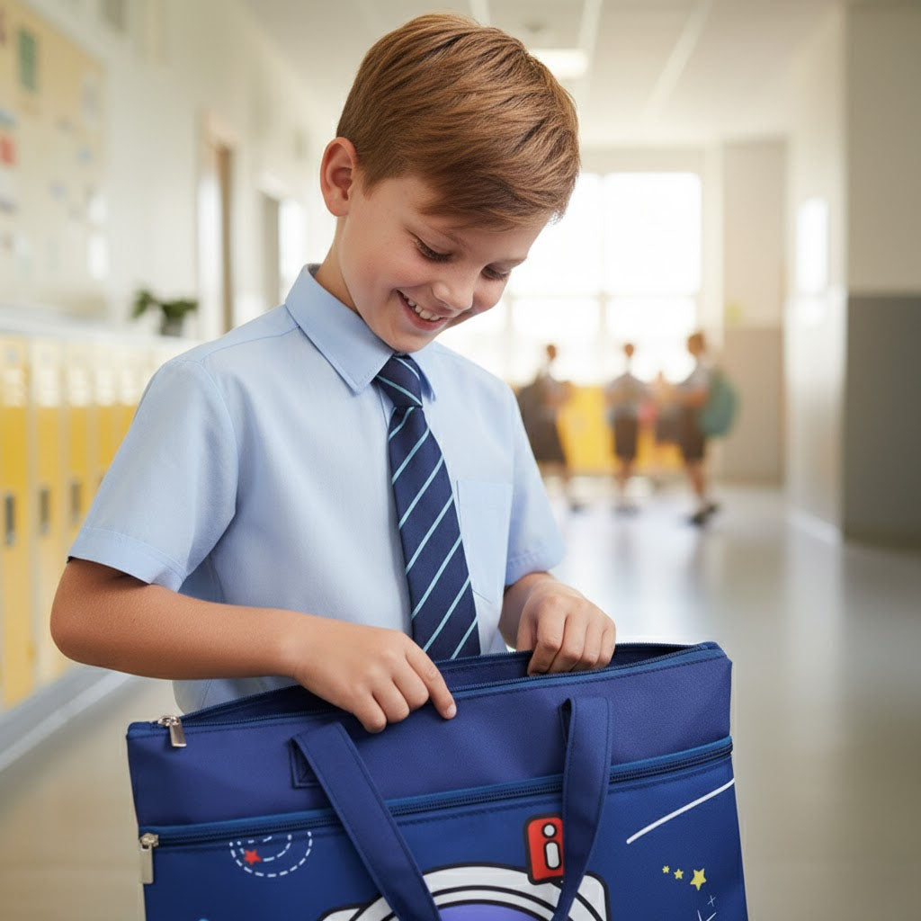 Young boy in a school uniform holding a blue document bag in a school hallway.