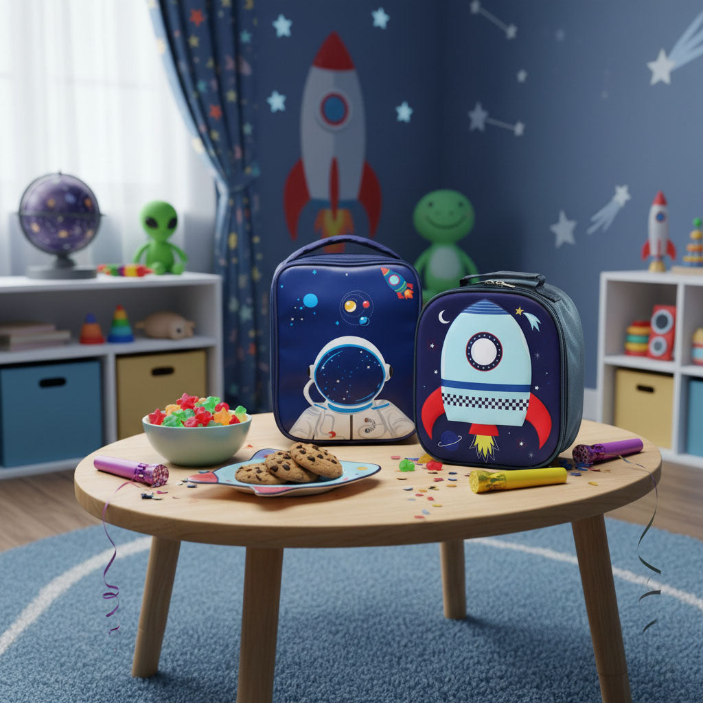 Two space-themed lunch bags on a table with snacks in a child's room.
