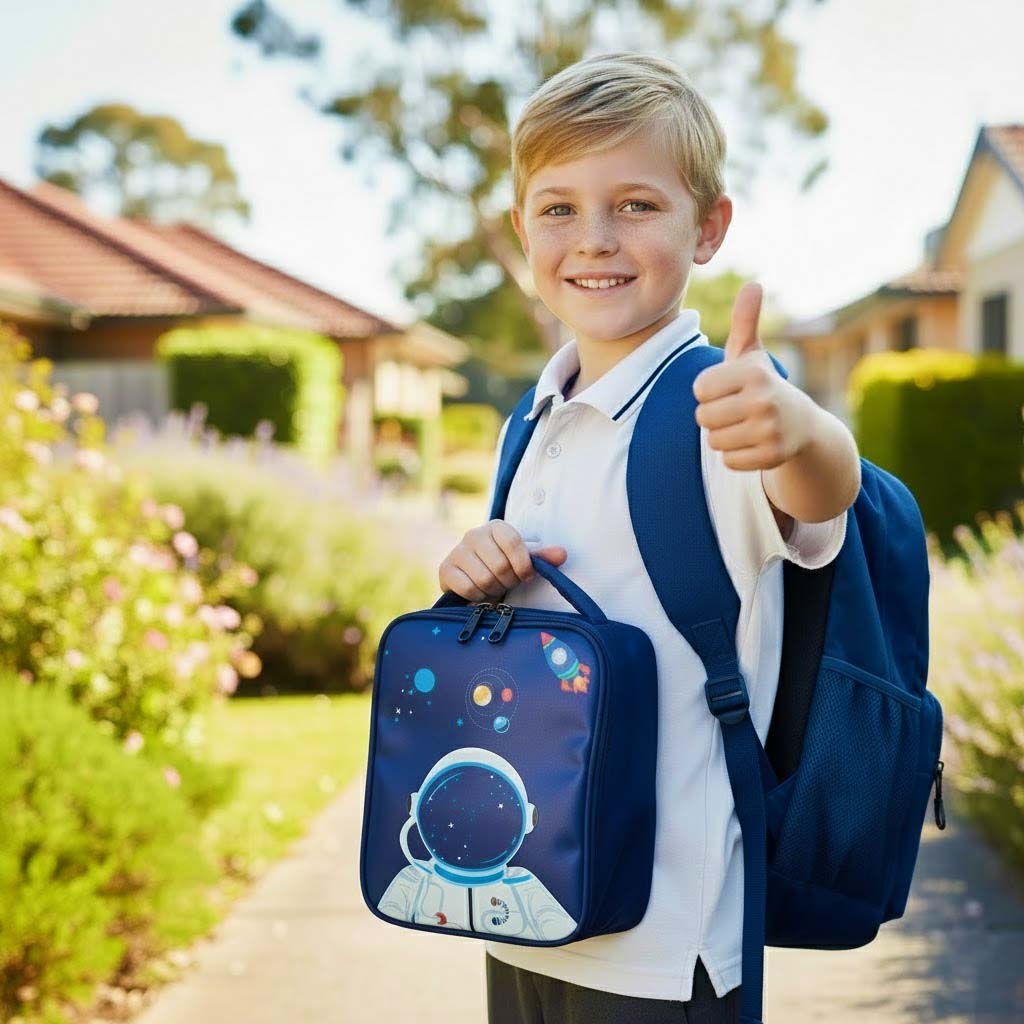 Young boy with a blue backpack and lunch bag outdoors
