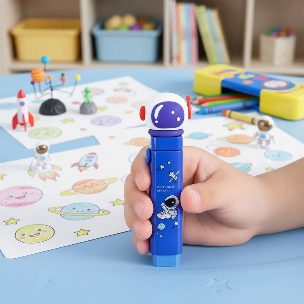 Child's hand holding a blue eraser stick with a space-themed design on a colorful activity sheet.