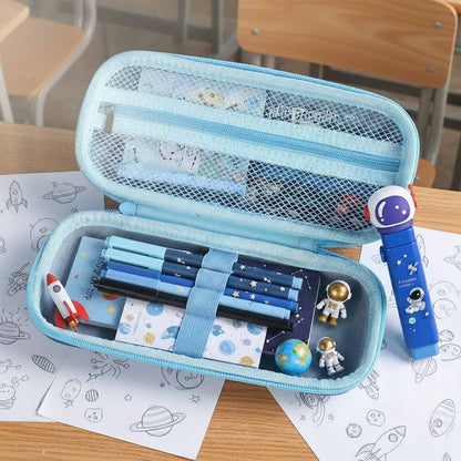 Blue pencil case with stationery items on a desk