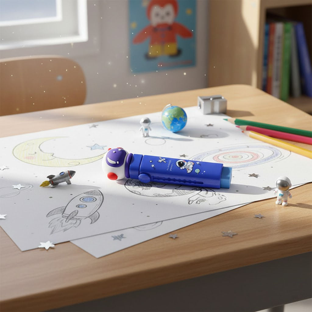Children's desk with space-themed coloring book, crayons, and small figurines.