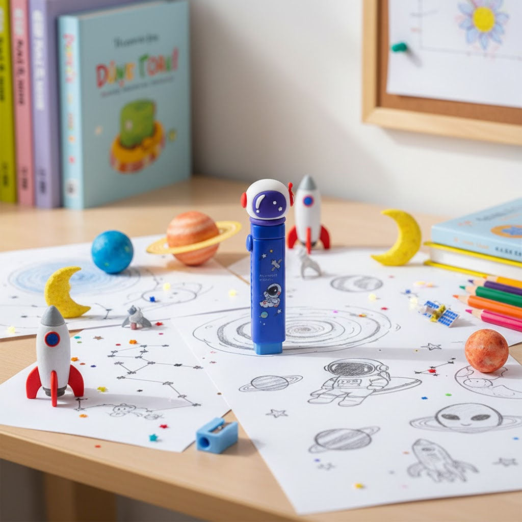 Children's desk with space-themed coloring sheets, toys, and stationery.