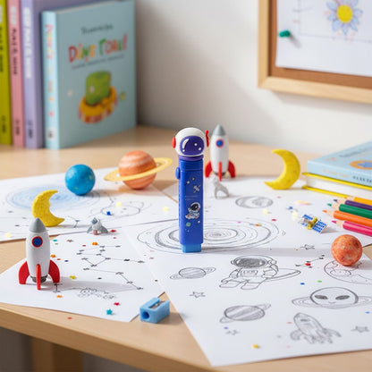 Children's desk with space-themed coloring sheets, toys, and stationery.