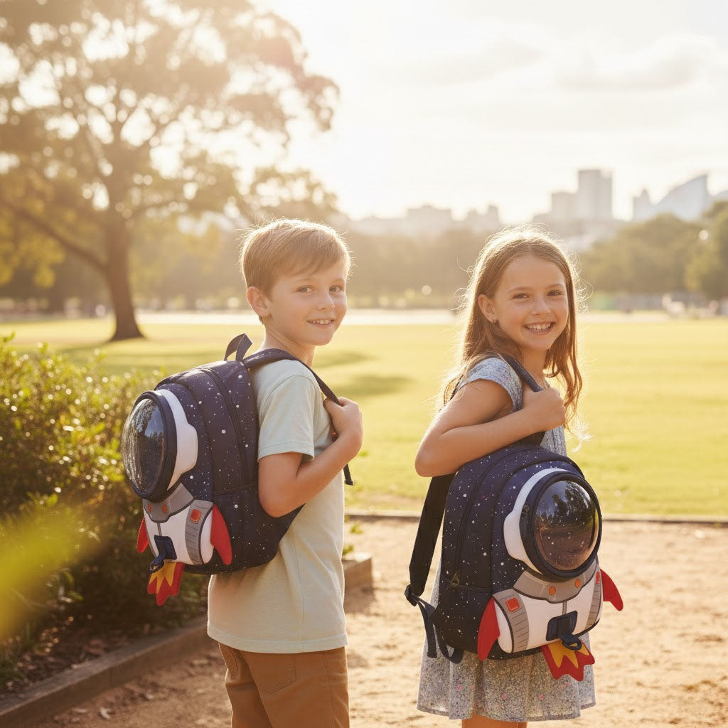 Two children with astronaut backpacks in a park setting