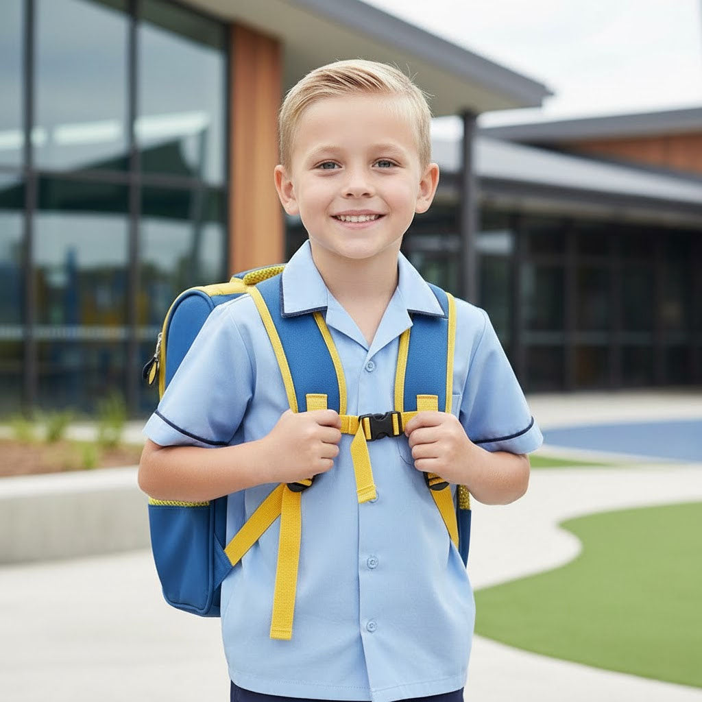 Young boy with a blue backpack in front of a school building