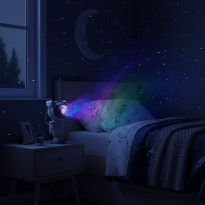 Children's room with an astronaut night light projecting a galaxy pattern on the ceiling.
