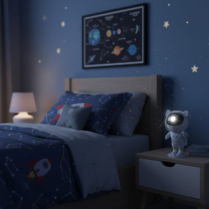 Children's bedroom with space-themed bedding, decor, and galaxy projector.