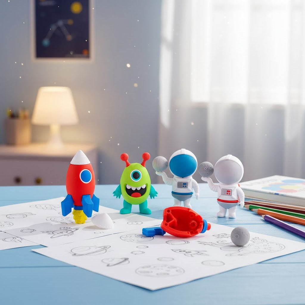 Detachable erasers on a table with coloring sheets and stationery in a room setting.