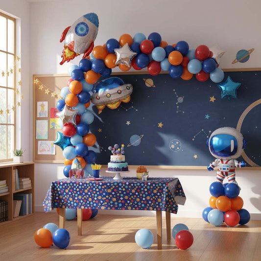 Space-themed birthday party setup with balloon arch and cake.