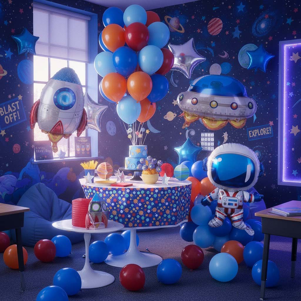 Space-themed birthday party with balloons, cake, and decorations in a room with a window.