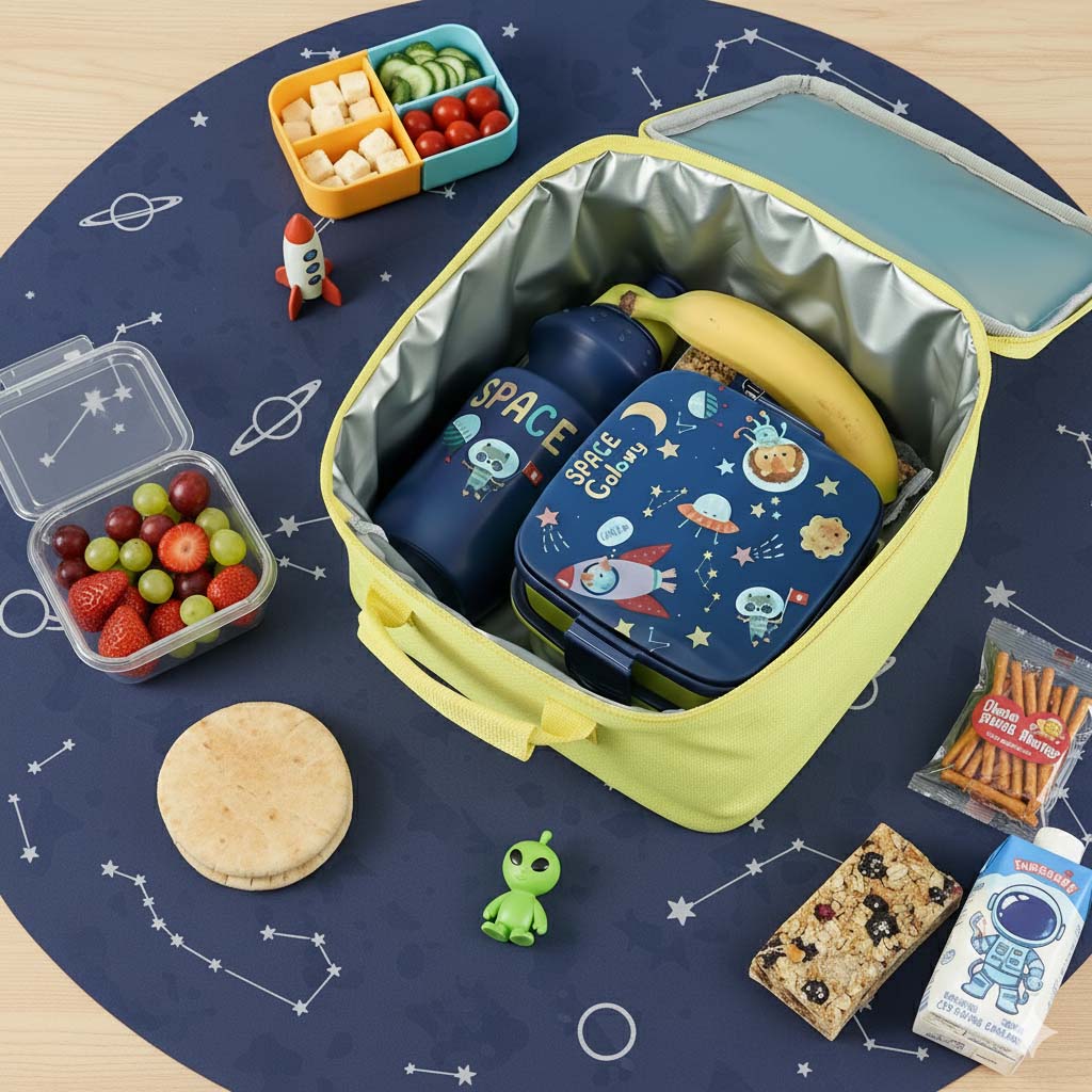 Lunchbox with space-themed containers and snacks on a themed placemat