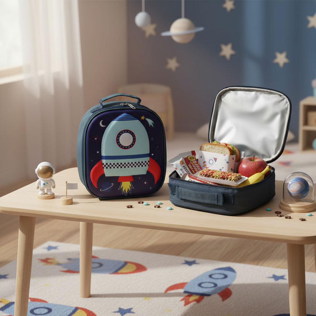 Space-themed lunch bag with food items on a wooden table in a child-friendly room.