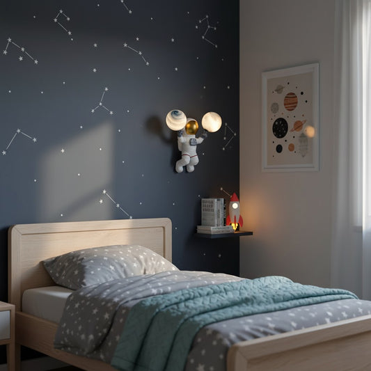 Children's bedroom with star wall decal, bed, and nightstand.