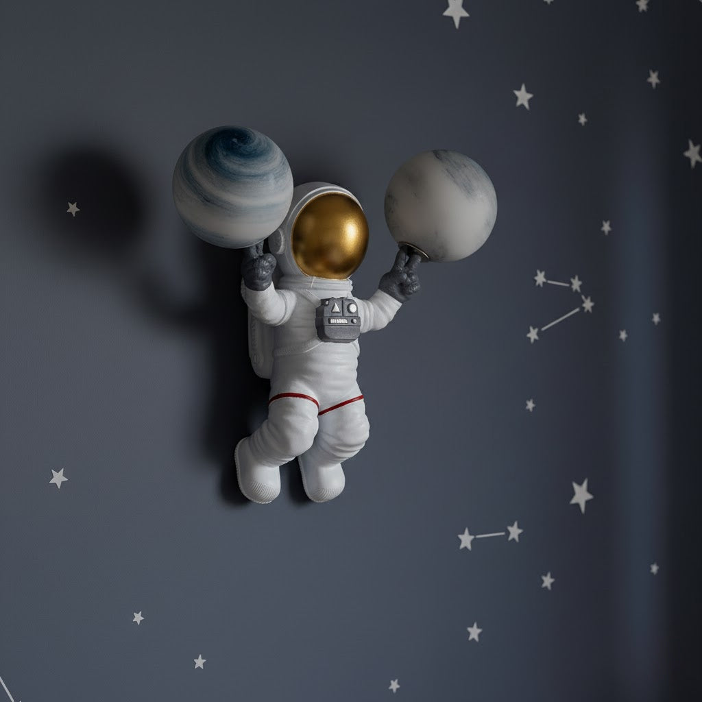 astronaut wall fixture holding two planets against a starry space background