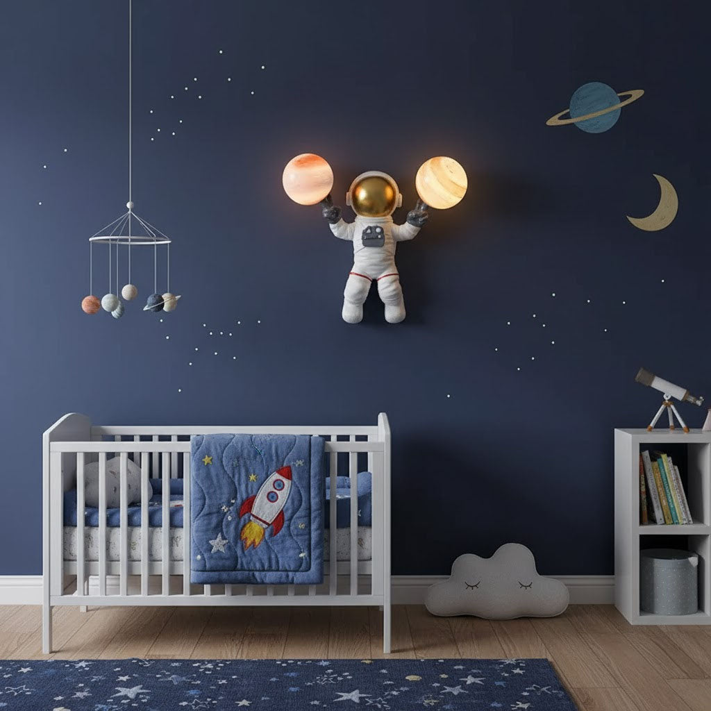 Children's room with space-themed decor, including an astronaut wall light and celestial wall art.