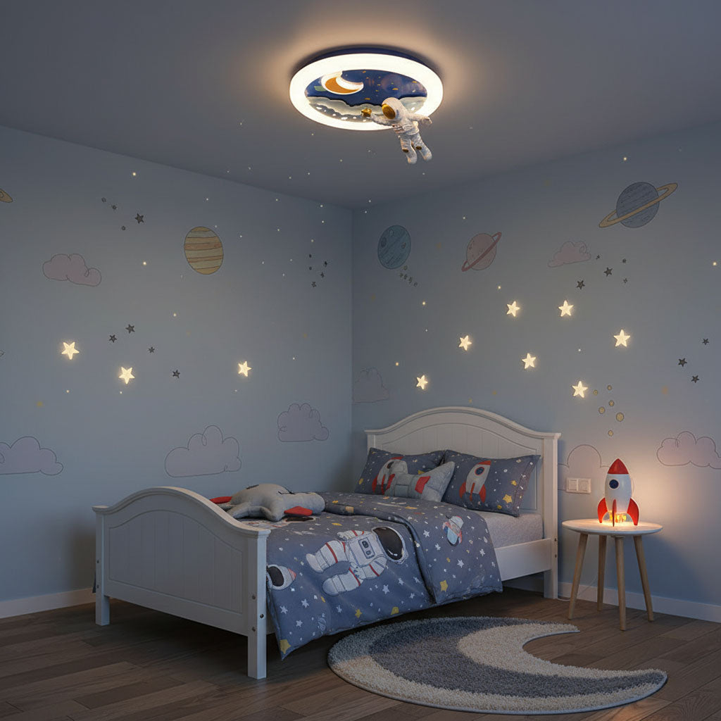 Children's bedroom with space-themed decor, including a ceiling light and wall stickers.