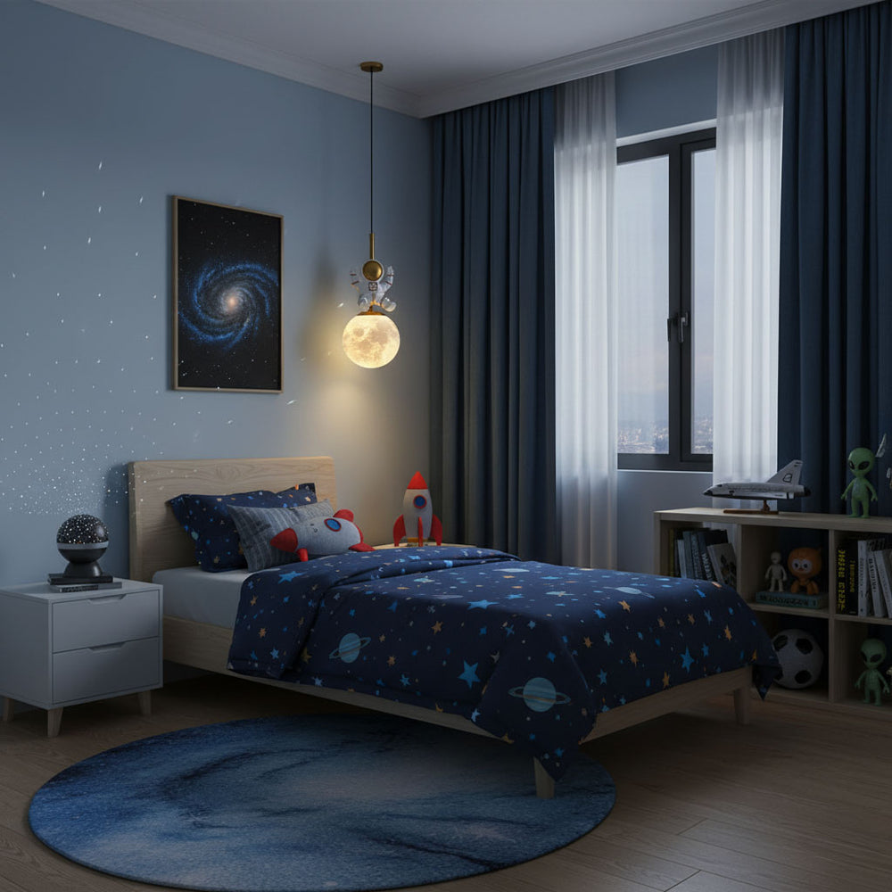 Children's bedroom with space-themed bedding and decor