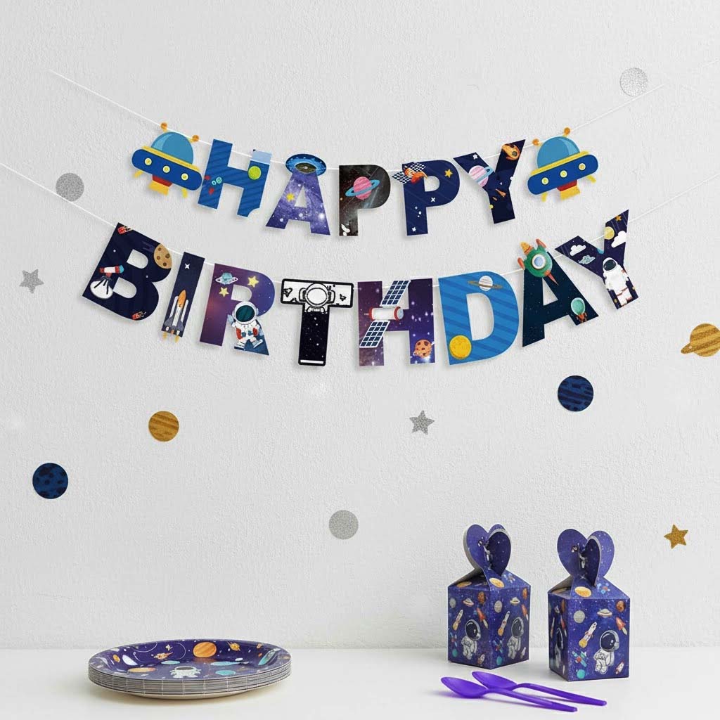 Space-themed birthday bunting with 'Happy Birthday' text, plates, and cups on a white background.