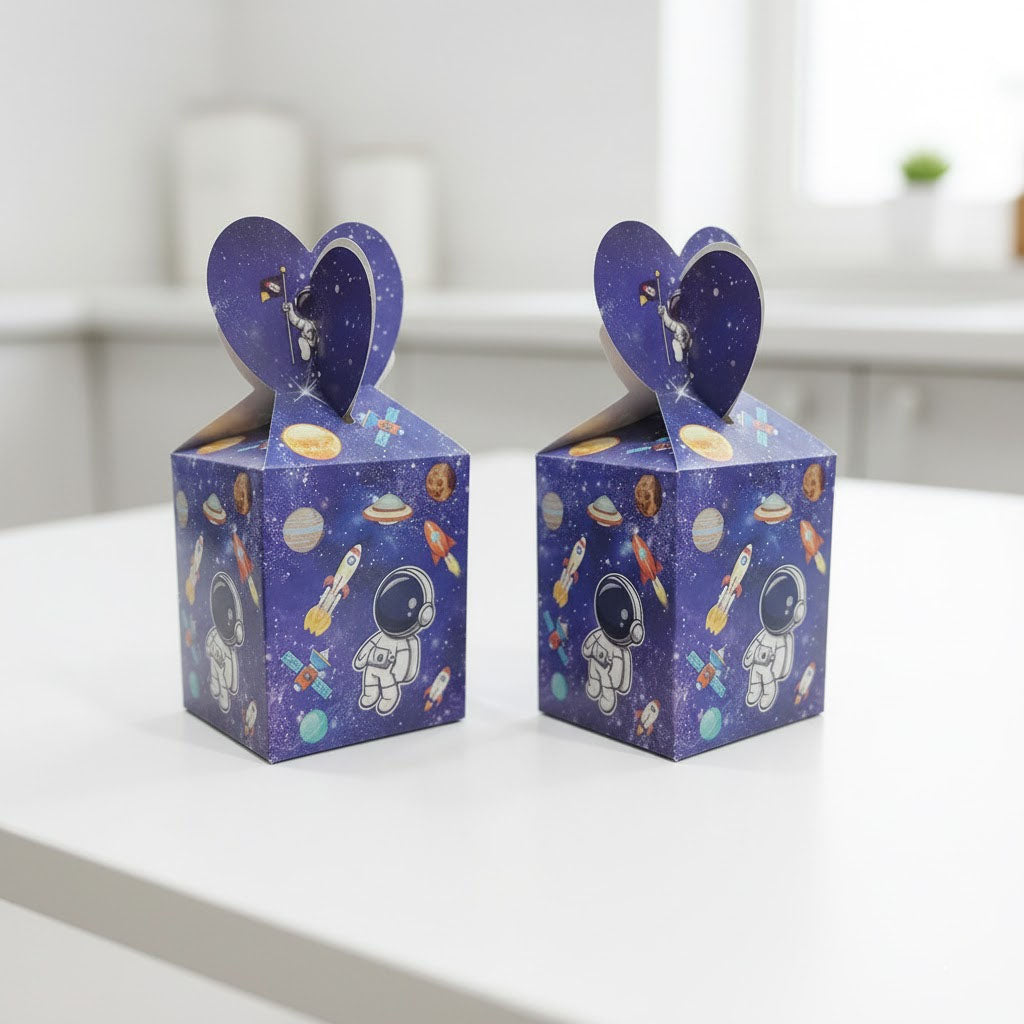 Two purple gift boxes with space-themed designs on a white surface.