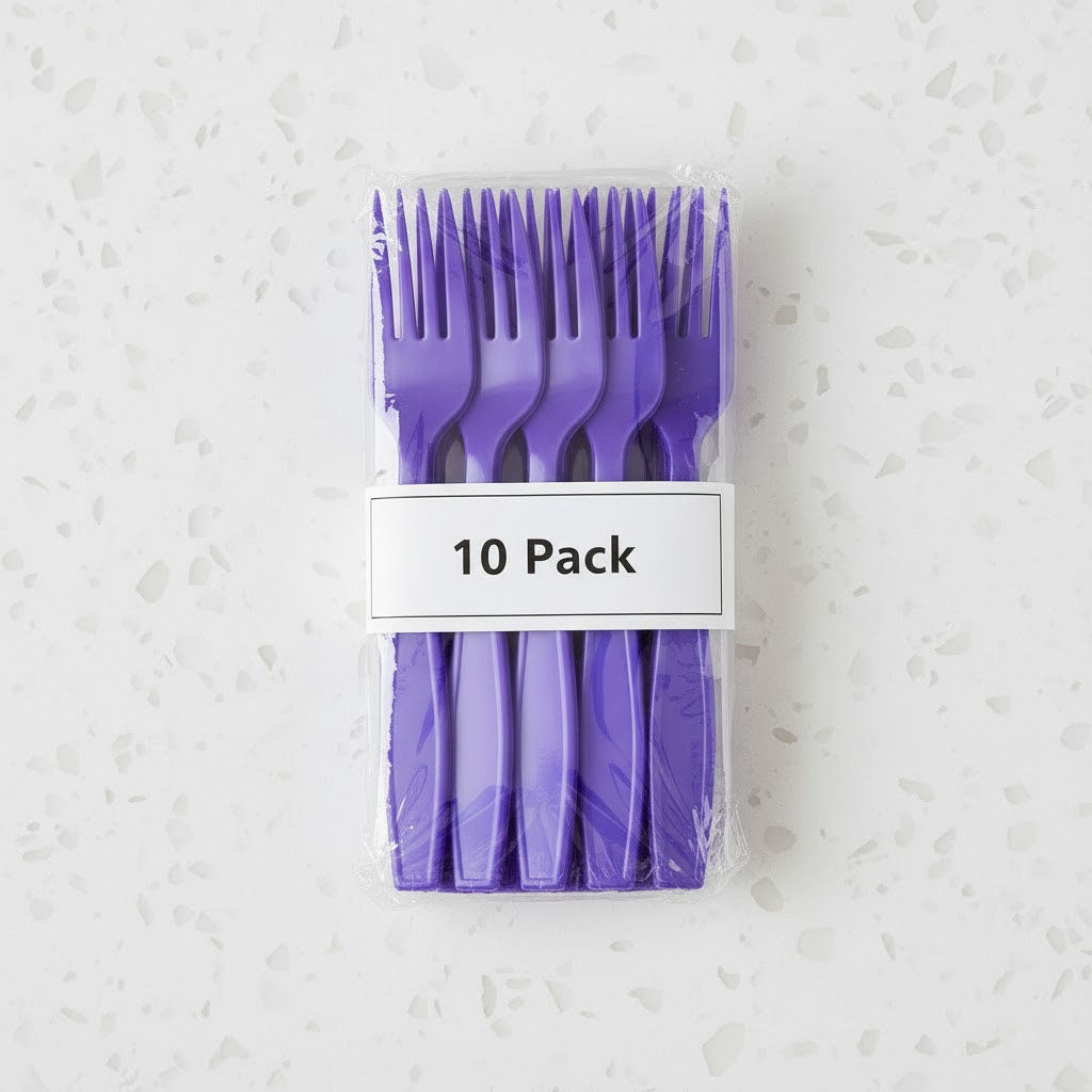 Pack of purple forks with a '10 Pack' label on a light gray background